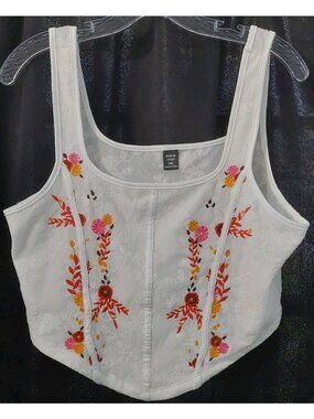 Womens Corset Cami Crop Top Size 1X Embroidere Fairycore Jacquard Fishbone White